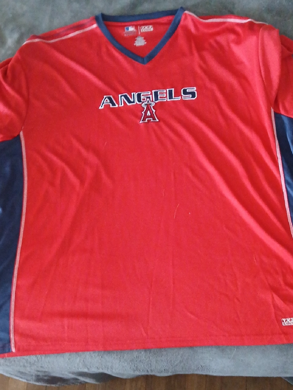 Genuine Merchandise Red V-Neck Angels Tee with Navy Trim